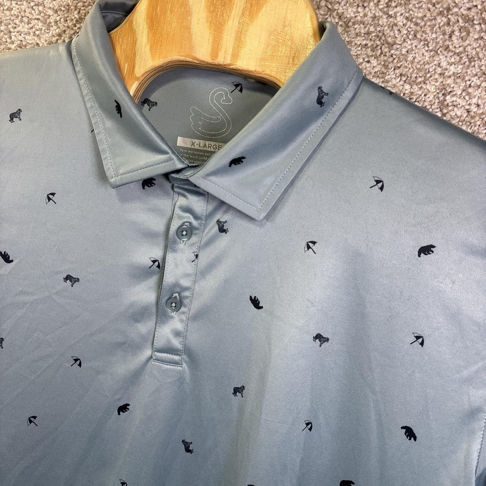 Swannies Golf Polo Shirt Mens XL Blue Animal Umbrella Print Stretch Performance